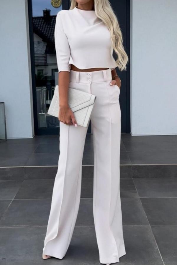 Pink Office Lady Business Casual Half A Turtleneck Three Quarter Sleeve Tops and Wide Leg Pants Two Pieces Sets