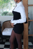 Black Color Block Turndown Collar Long Sleeve Asymmetrical Hem Detail Evening Parties Bodycon Mini Shirt Dress