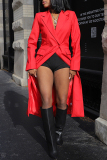 Red Casual Button up Turn-back Collar Fall Winter Long Blazer Coats Outerwear
