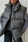 Apricot Casual Zipper Stand Mandarin Collar Sleeveless Fall Winter Padded Waistcoats Outerwear