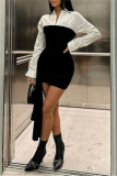 Black Color Block Turndown Collar Long Sleeve Asymmetrical Hem Detail Evening Parties Bodycon Mini Shirt Dress