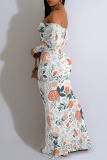 White Orange Floral Print Off Shoulder Long Flutter Sleeve Mermaid Hem Vacation Boho Style Maxi Dresse