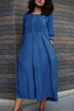 Yellow Casual Pocket O Neck 3/4 Sleeve Long Cotton And Linen Vacation A Line Maxi Dresses