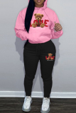 White Blue Sportwear Casual Letter Bear Print Hooded Long Sleeve Sweatshirt and Pencil Sweatpants Fall Winter Two Pieces Sweatsuits Sets