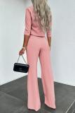Pink Office Lady Business Casual Half A Turtleneck Three Quarter Sleeve Tops and Wide Leg Pants Two Pieces Sets