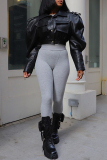 Black PU Leather Casual Turndown Collar Long Sleeve Fall Winter Short Motorcycle Jackets Coats Outerwear