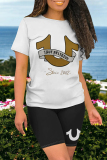 Black Casual Letter Print O Neck Short Sleeve T-shirt And Short Two Pieces Short Sets
