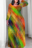 White Casual Geometric Flowers Print Pocket V Neck Long Sleeve Floor Length Maxi Dresses