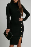 Black Casual Half A Turtleneck Long Sleeve Side Slit Wrapped Skirt Fall Winter Knitted Bodycon Mini Dresses