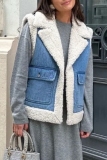 Royalblue Casual Lamb Wool Cardigan Contrast Turndown Collar Sleeveless Fall Winter Waistcoat Camisole Cardigan Jacket