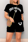 Red Casual Letters Draw String Waist With Pocket Round Neck Short Sleeve Loose Rompers