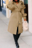 Khaki Casual Cardigan With Belt Turndown Collar Ruffle Decor Long Lantern Sleeve Mid-length Fall Winter Trench Coats Outerwear