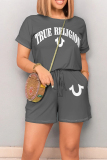 Red Casual Letters Draw String Waist With Pocket Round Neck Short Sleeve Loose Rompers