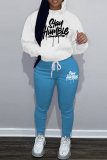 White Blue Sportwear Casual Letter Print Hooded Long Sleeve Sweatshirt and Pencil Sweatpants Fall Winter Two Pieces Sweatsuits Sets