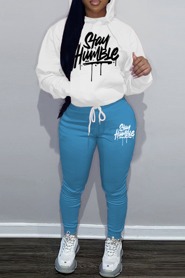 White Blue Sportwear Casual Letter Print Hooded Long Sleeve Sweatshirt and Pencil Sweatpants Fall Winter Two Pieces Sweatsuits Sets