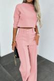 Pink Office Lady Business Casual Half A Turtleneck Three Quarter Sleeve Tops and Wide Leg Pants Two Pieces Sets