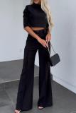 Pink Office Lady Business Casual Half A Turtleneck Three Quarter Sleeve Tops and Wide Leg Pants Two Pieces Sets
