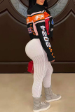 White Casual Letters Contrast Zipper Collar Long Sleeve Fall Winter Short Motorcycle Jackets Outerwear
