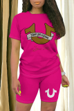 Black Casual Letter Print O Neck Short Sleeve T-shirt And Short Two Pieces Short Sets