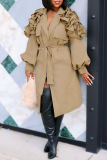 Khaki Casual Cardigan With Belt Turndown Collar Ruffle Decor Long Lantern Sleeve Mid-length Fall Winter Trench Coats Outerwear