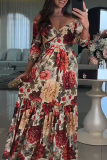 Multicolor Romantic Bohemian Floral V-Neck Three-Quarter Sleeve Ruffle Hem Relaxed Fit Vacation Casual Outings Maxi Dress