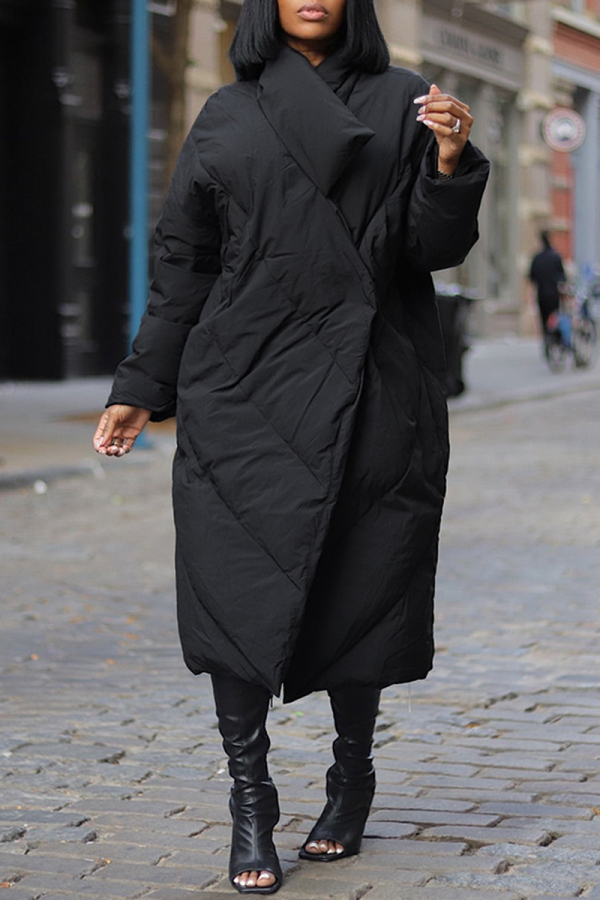 Black White Duck Down Long Sleeve Turndown Collar Mid-length Over-the-knee Fall Winter Down Jackets Coats