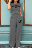 Black White Letter Print Round Neck Short Sleeve T-shirt and Wide Leg Pants Two Pieces Matching Sets