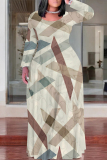White Casual Geometric Flowers Print Pocket V Neck Long Sleeve Floor Length Maxi Dresses