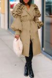 Khaki Casual Cardigan With Belt Turndown Collar Ruffle Decor Long Lantern Sleeve Mid-length Fall Winter Trench Coats Outerwear