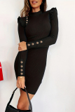 Black Half A Turtleneck High Neck Long Sleeve Buttons Ruffle Wrapped Skirt Evening Night Out Bodycon Mini Dress