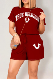 Red Casual Letters Draw String Waist With Pocket Round Neck Short Sleeve Loose Rompers