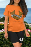 Black Casual Letter Print O Neck Short Sleeve T-shirt And Short Two Pieces Short Sets