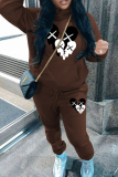 Grey Sportwear Casual Break Heart Print Hooded Long Sleeve Sweatshirt and Pencil Sweatpants Fall Winter Two Pieces Sweatsuits Sets