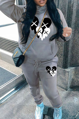 Grey Sportwear Casual Break Heart Print Hooded Long Sleeve Sweatshirt and Pencil Sweatpants Fall Winter Two Pieces Sweatsuits Sets