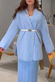 Blue Casual With Belt Weave Turndown Collar Long Sleeve Fall Winter Knitted Sweater Cardigans Coats Outerwear