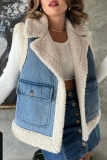 Royalblue Casual Lamb Wool Cardigan Contrast Turndown Collar Sleeveless Fall Winter Waistcoat Camisole Cardigan Jacket