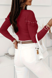 Black Skinny Casual Ruffle Pearls Decor Round Neck Long Sleeve Fall Winter Tops Blouses
