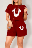 Red Casual Letters Draw String Waist With Pocket Round Neck Short Sleeve Loose Rompers