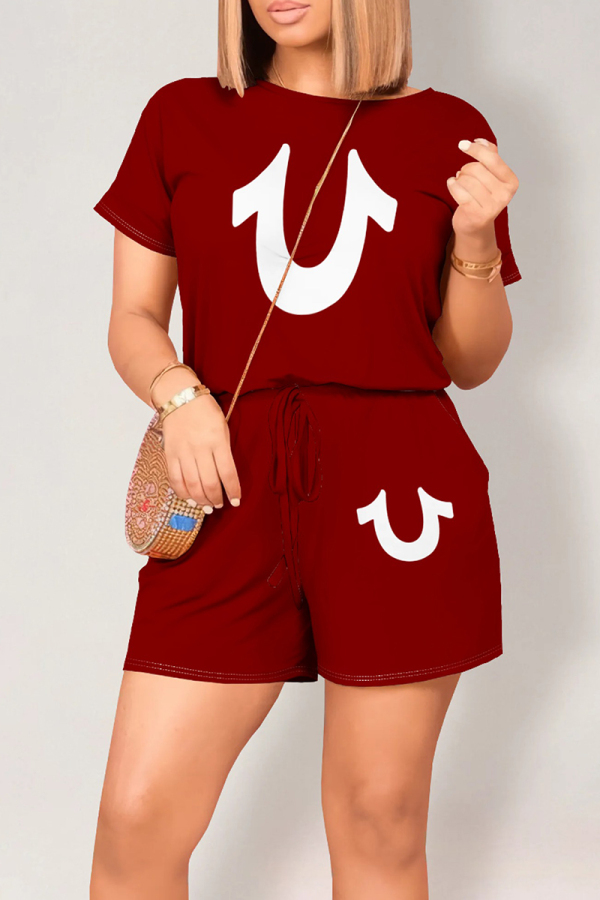 Red Casual Letters Draw String Waist With Pocket Round Neck Short Sleeve Loose Rompers