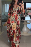 Multicolor Romantic Bohemian Floral V-Neck Three-Quarter Sleeve Ruffle Hem Relaxed Fit Vacation Casual Outings Maxi Dress