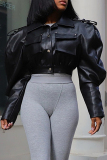 Black PU Leather Casual Turndown Collar Long Sleeve Fall Winter Short Motorcycle Jackets Coats Outerwear