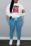 White Blue Sportwear Casual Letter Girl Print Hooded Long Sleeve Sweatshirt and Pencil Sweatpants Fall Winter Two Pieces Sweatsuits Sets