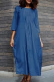Yellow Casual Pocket O Neck 3/4 Sleeve Long Cotton And Linen Vacation A Line Maxi Dresses