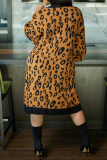 Yellow Casual Leopard Print Long Sleeve Fall Winter Mid-length Knitted Sweater Cardigan Coats Outerwear