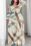 White Casual Geometric Flowers Print Pocket V Neck Long Sleeve Floor Length Maxi Dresses