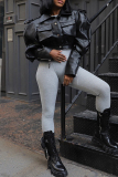 Black PU Leather Casual Turndown Collar Long Sleeve Fall Winter Short Motorcycle Jackets Coats Outerwear