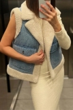 Royalblue Casual Lamb Wool Cardigan Contrast Turndown Collar Sleeveless Fall Winter Waistcoat Camisole Cardigan Jacket