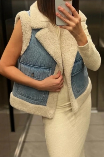 Royalblue Casual Lamb Wool Cardigan Contrast Turndown Collar Sleeveless Fall Winter Waistcoat Camisole Cardigan Jacket