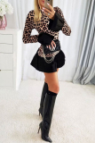 Leopard Print Half A Turtleneck Flare Sleeve Ruffle Hem Night Club A Line Mini Dresses