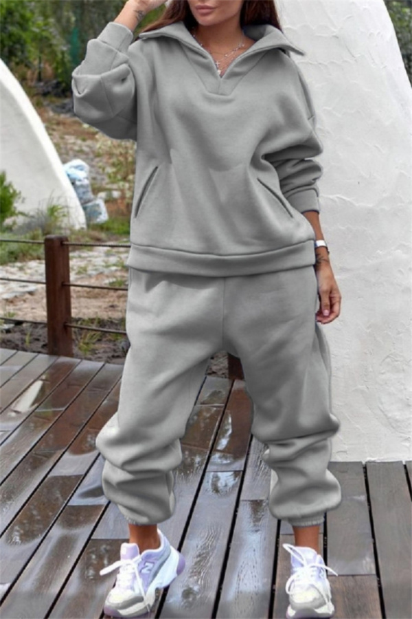 Grey Sportwear Loose Casual V Neck Stand Collar Long Sleeve Sweatshirt and Pencil Sweatpants Fall Winter Two Pieces Sweatsuits Sets